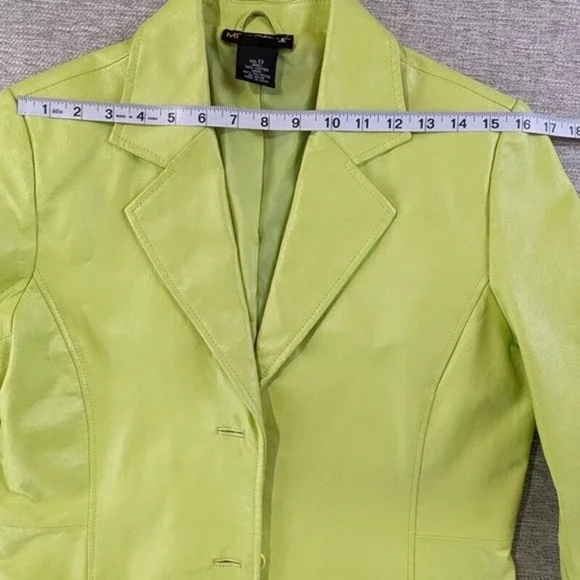 METROSTYLE Leather Jacket Blazer Lime Green Button Front Lined Size 10 Retro - Picture 7 of 13